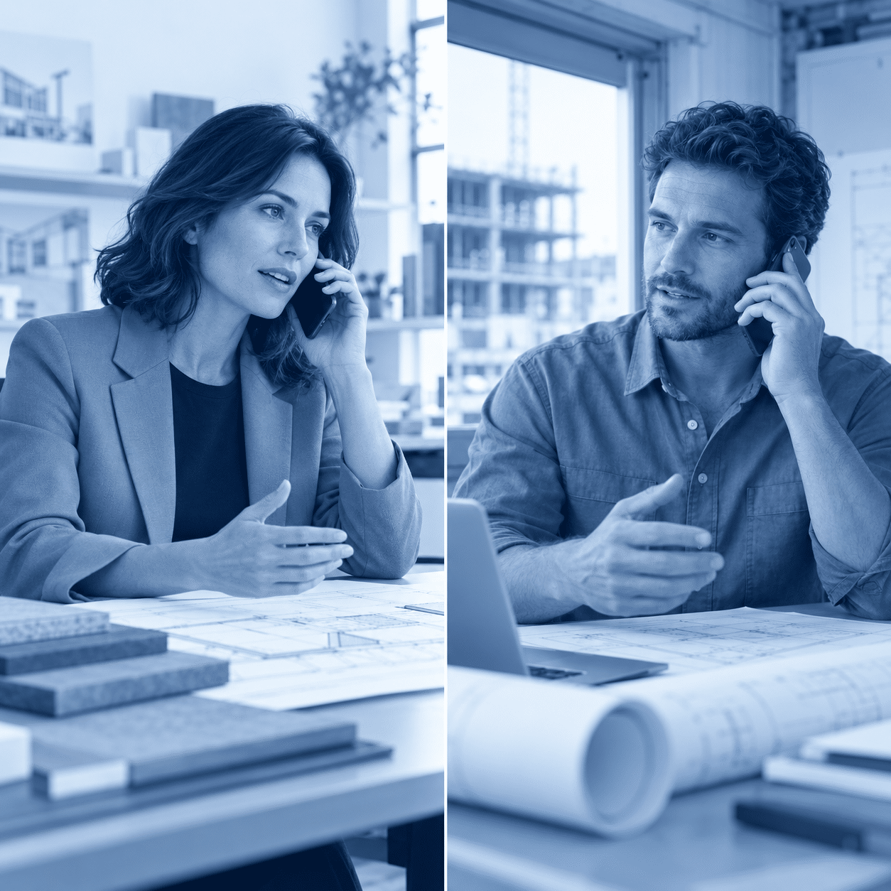 Architect and project engineer coordinating by phone