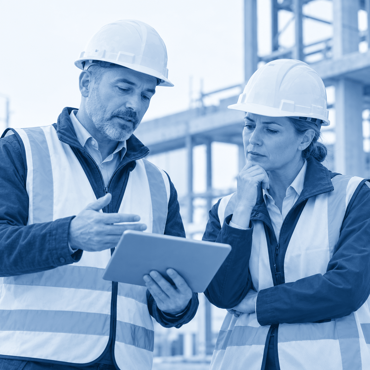 - Construction professionals discussing project evidence and concerns