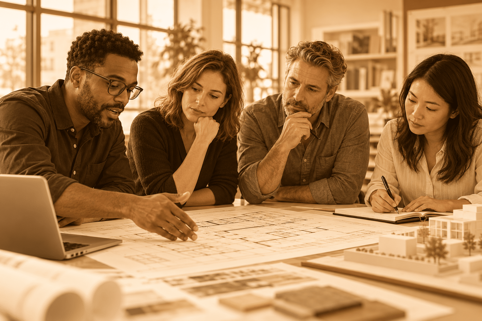 Architectural team discussing drawings at a project kick-off meeting.